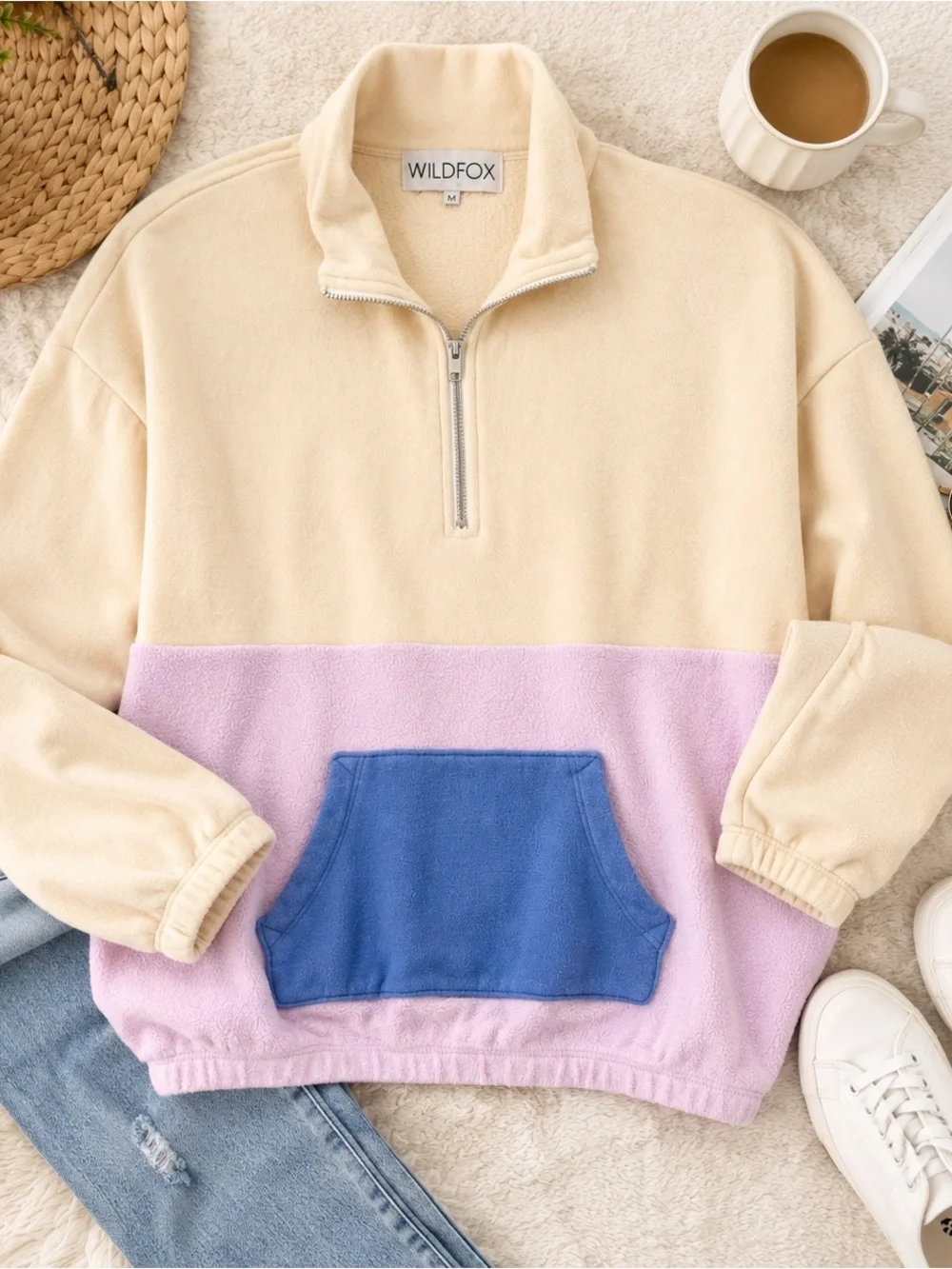 Wildfox Lea Colorblock 1/4 Zip Sherpa Sweatshirt M Cream Pink Blue USA